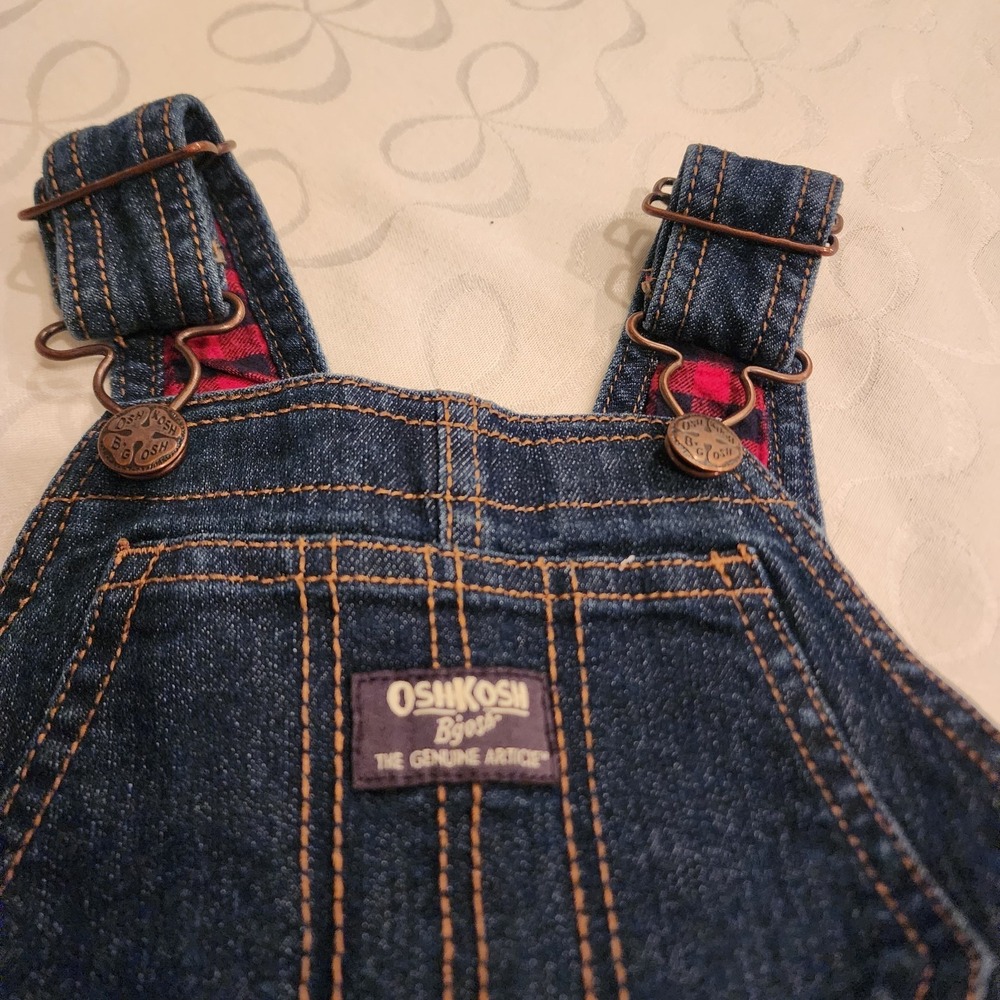 OshKosh B'gosh 3T Carpenter Overalls Dark Wash Denim Flannel Lined Buffalo Plaid - Picture 16 of 16